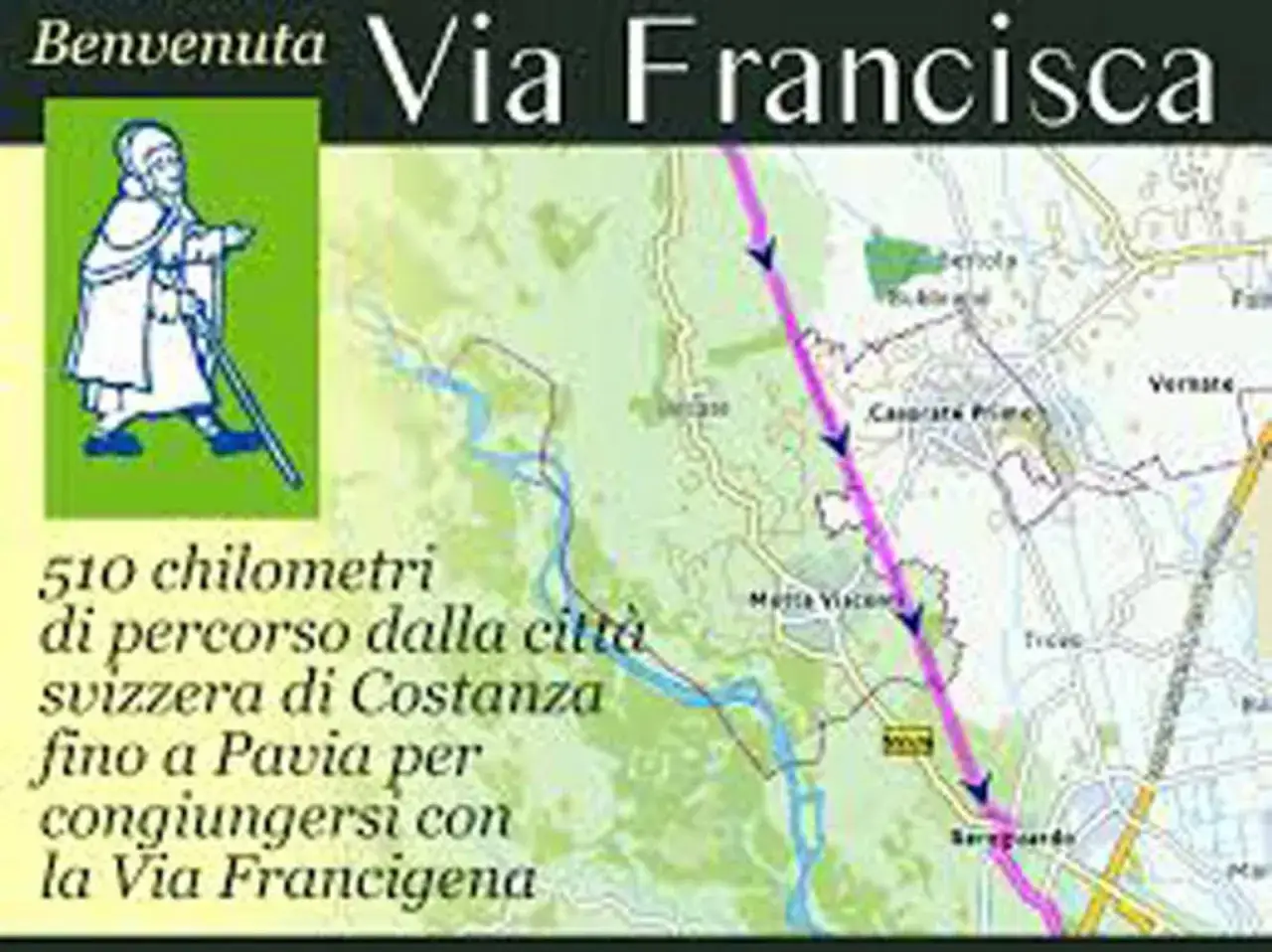Mappa della Via Francisca, 510 km da Costanza a Pavia, con un pellegrino stilizzato e il percorso segnato in rosa.