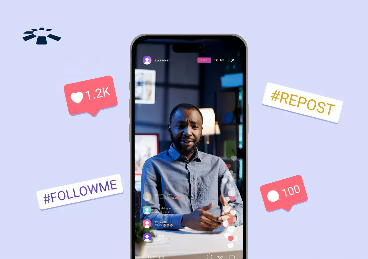 Ein Mann spricht in die Kamera, während ein Live-Stream auf einem Smartphone läuft. Likes, Follower-Zahlen und Hashtags wie #REPOST und #FOLLOWME deuten darauf hin, dass er ein Influencer ist und dies sein Beruf.