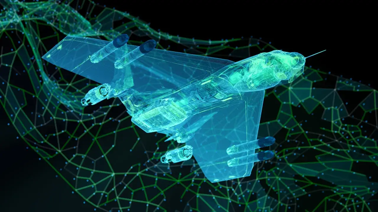 A futuristic, transparent blue aircraft, like an invisible drone, hovers amidst a glowing green network of lines and dots.
