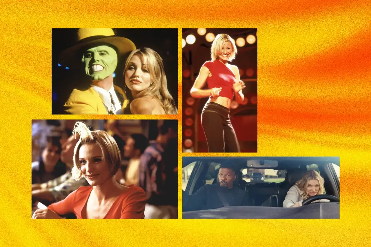 Scener från filmer med Cameron Diaz: hon med The Mask, dansande i rött, och bakom ratten i en bil.