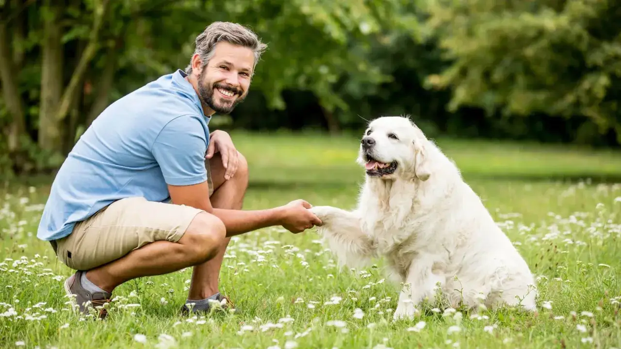Hombre sonriente ense&ntilde;a a su golden retriever a dar la pata en un campo de flores. &iexcl;Un gran paso en como educar a un golden retriever!
