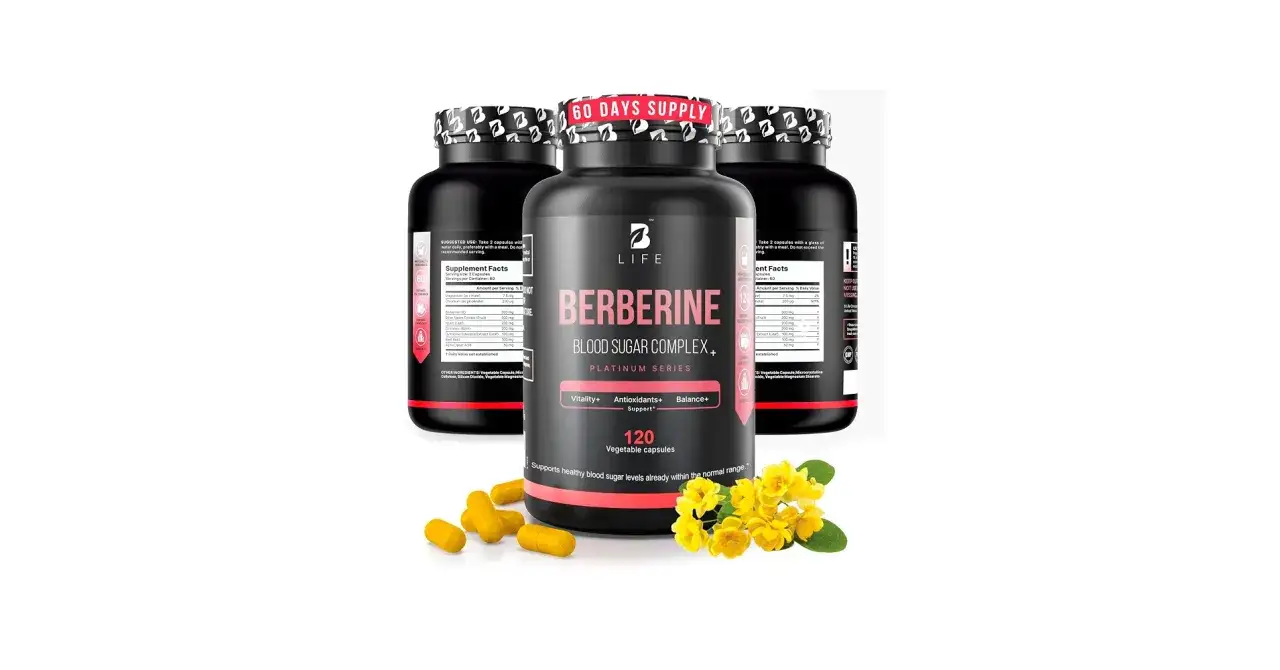 Trzy butelki suplementu Berberine Blood Sugar Complex. Zastanawiasz się, czy berberyna rano czy wieczorem będzie najlepsza?
