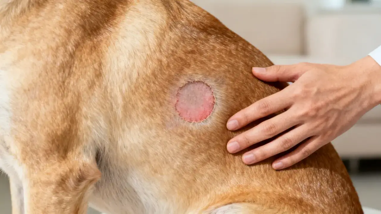 Un perro muestra una zona circular sin pelo en su lomo, con piel enrojecida, indicando posible caida de pelo en perros.