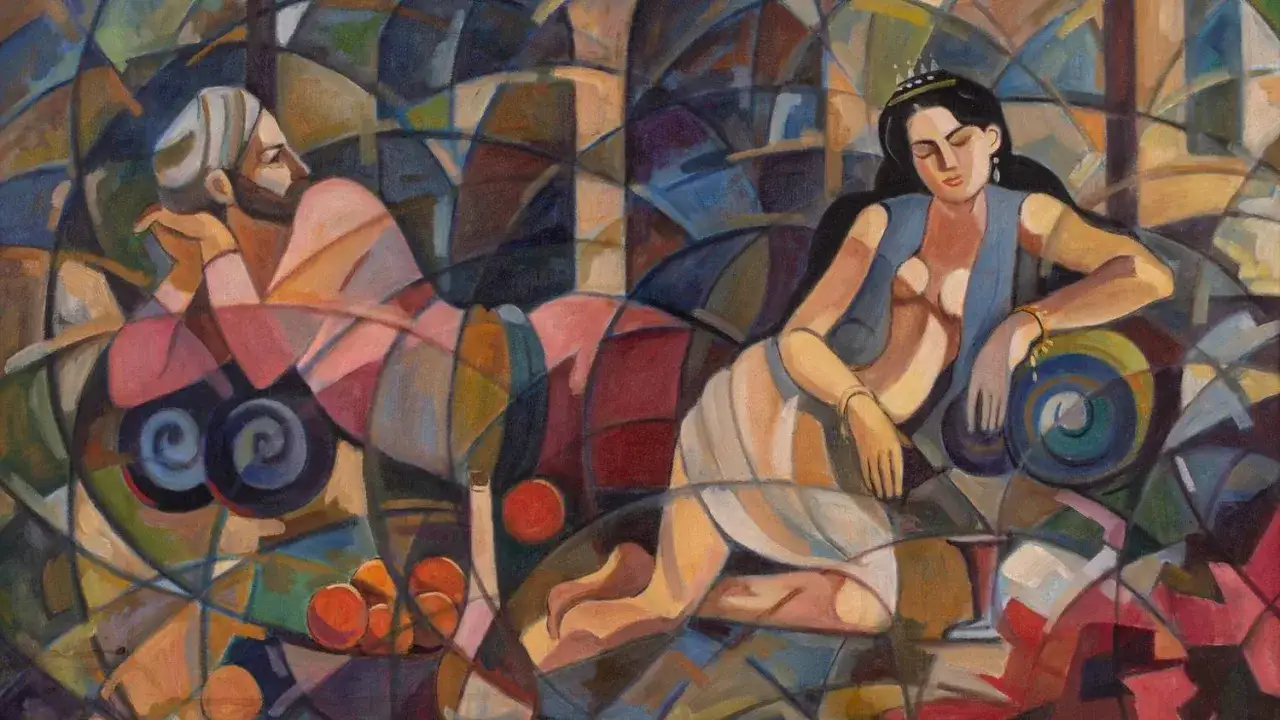 Un homme et une femme dans un style cubisme picasso, aux formes g&eacute;om&eacute;triques et couleurs vives, &eacute;voquant une sc&egrave;ne intime.