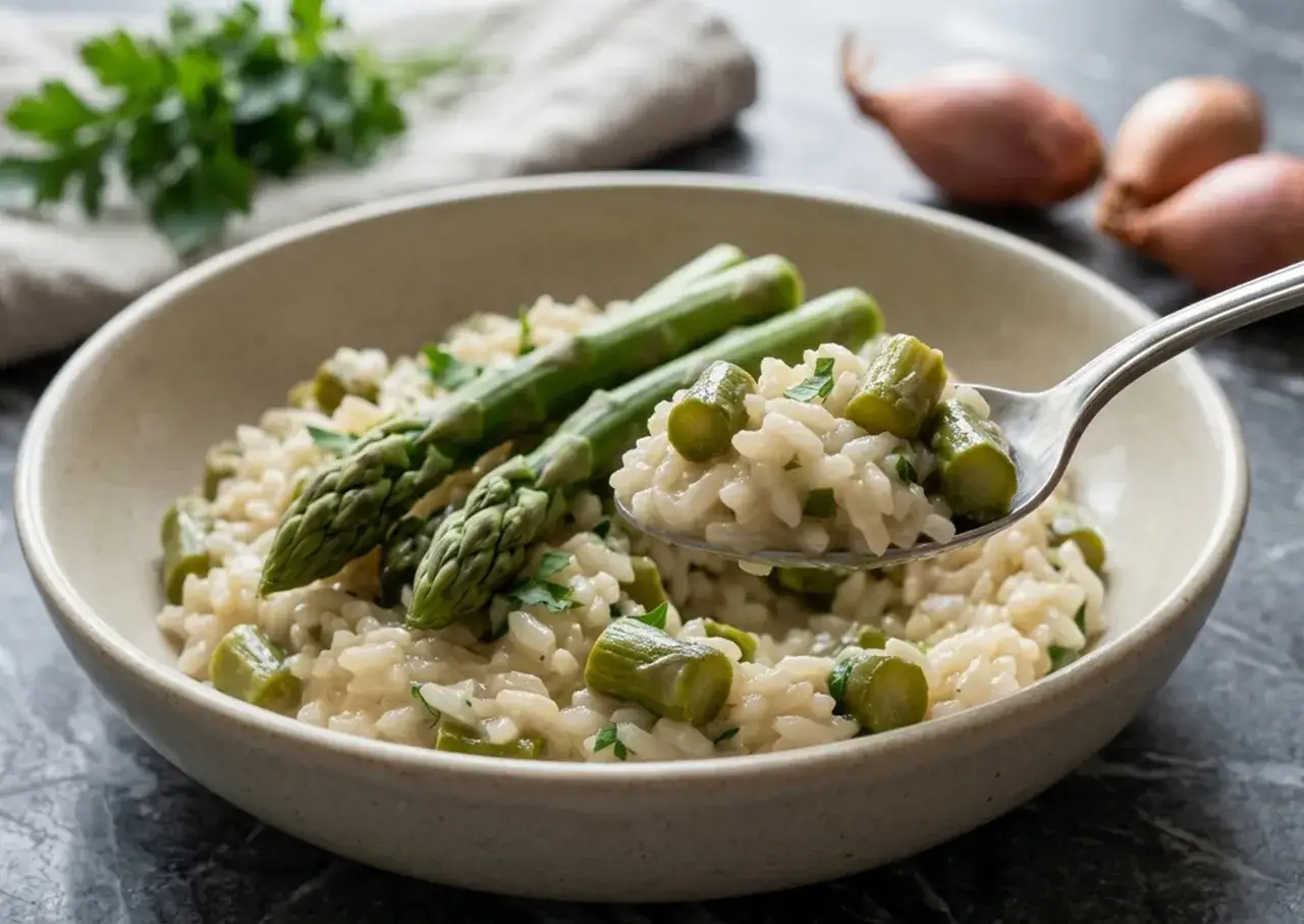 Un cremoso risotto agli asparagi, guarnito con punte fresche e pezzetti verdi, servito in una ciotola beige.