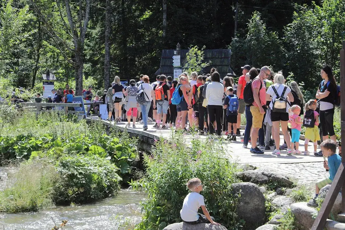 Grupa turyst&oacute;w na drewnianym pomoście w otoczeniu zieleni, w tle drewniana chata z drogowskazami. To popularne miejsce w Kuźnicach Zakopane.