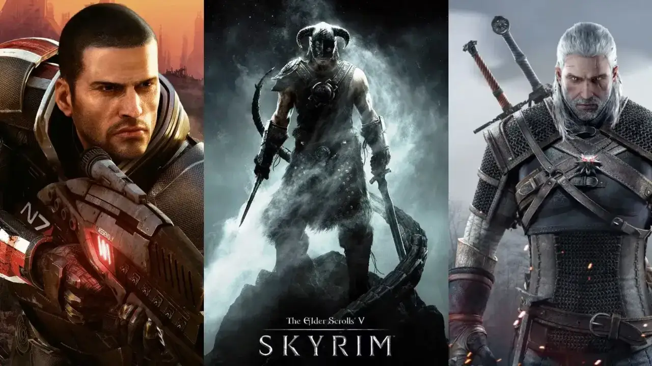 Trzech bohaterów kultowych gier RPG: Commander Shepard z Mass Effect, wojownik ze Skyrim i Geralt z Wiedźmina.