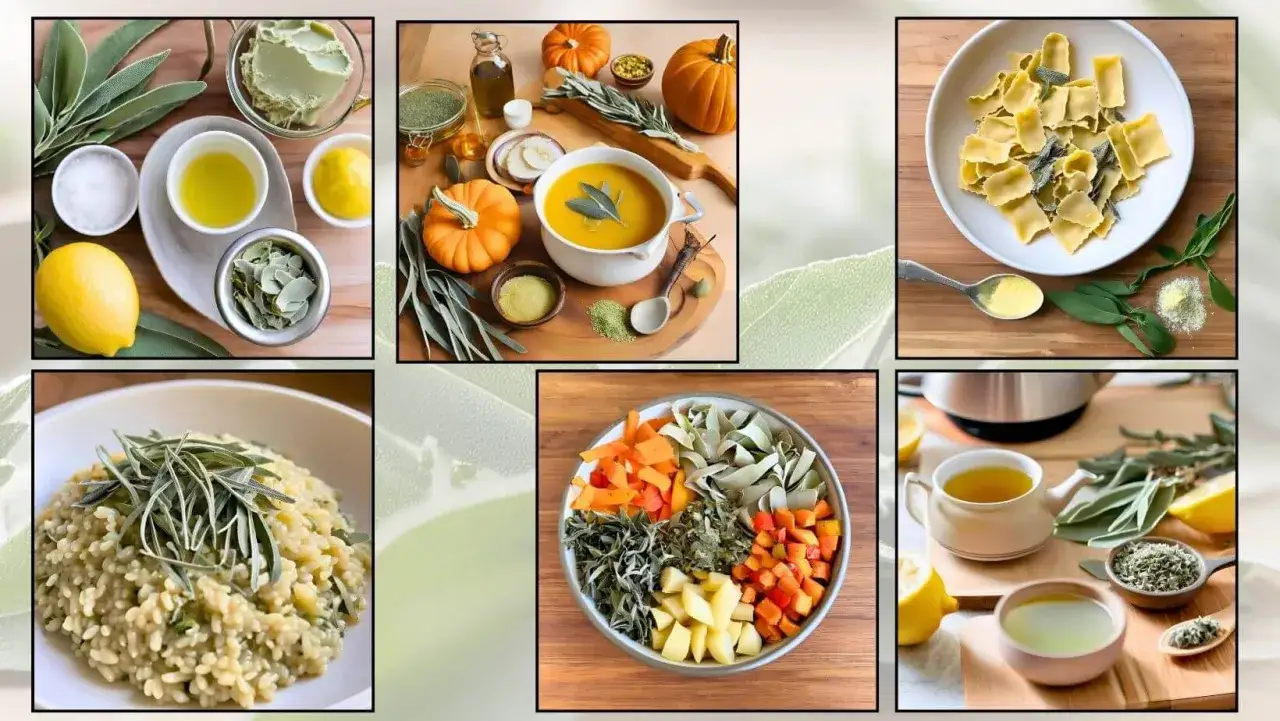 Szałwia przyprawa w różnych odsłonach: risotto, zupa dyniowa, makaron, sałatka i herbata.