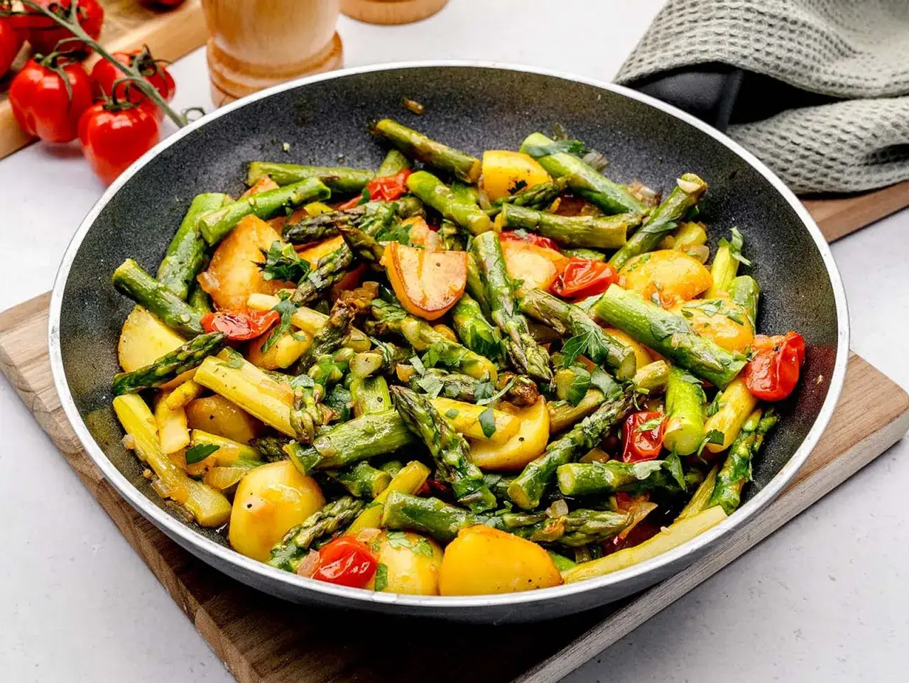 Frischer Spargel mit Kartoffeln und Kirschtomaten in der Pfanne zubereitet, garniert mit Petersilie. Ein gesundes und leckeres Gericht.