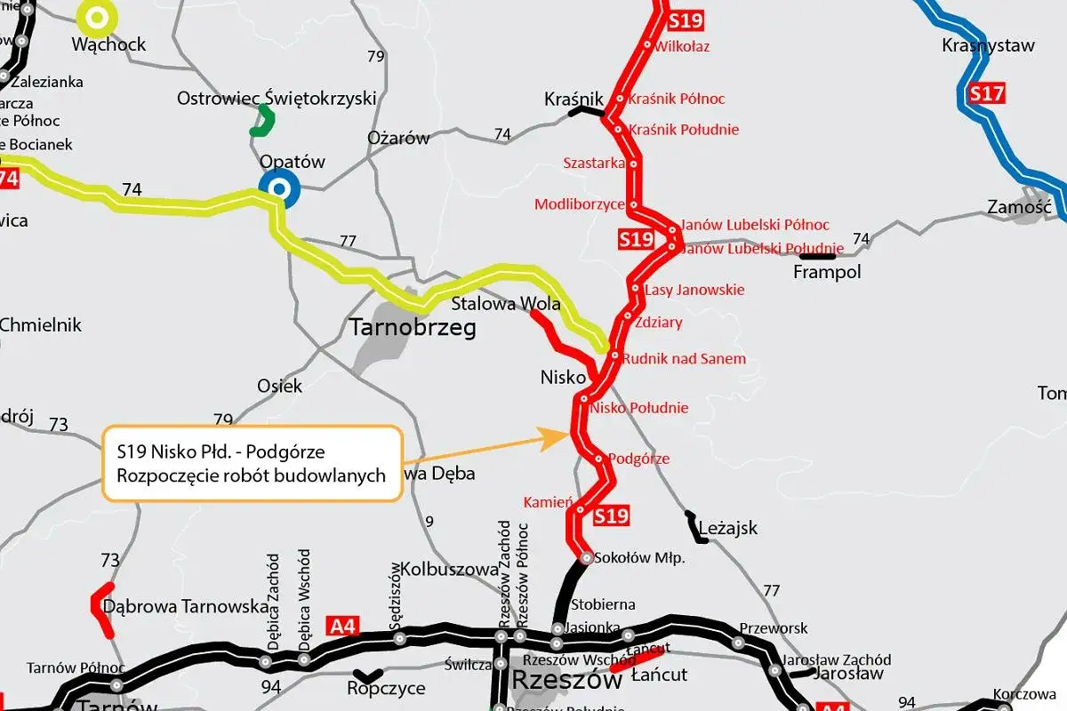 Mapa drogowa Polski z zaznaczonymi trasami S19 i S17. Planujesz **długi weekend sierpień**? Sprawdź, gdzie rozpoczną się roboty budowlane na S19 Nisko Płd. - Podgórze.