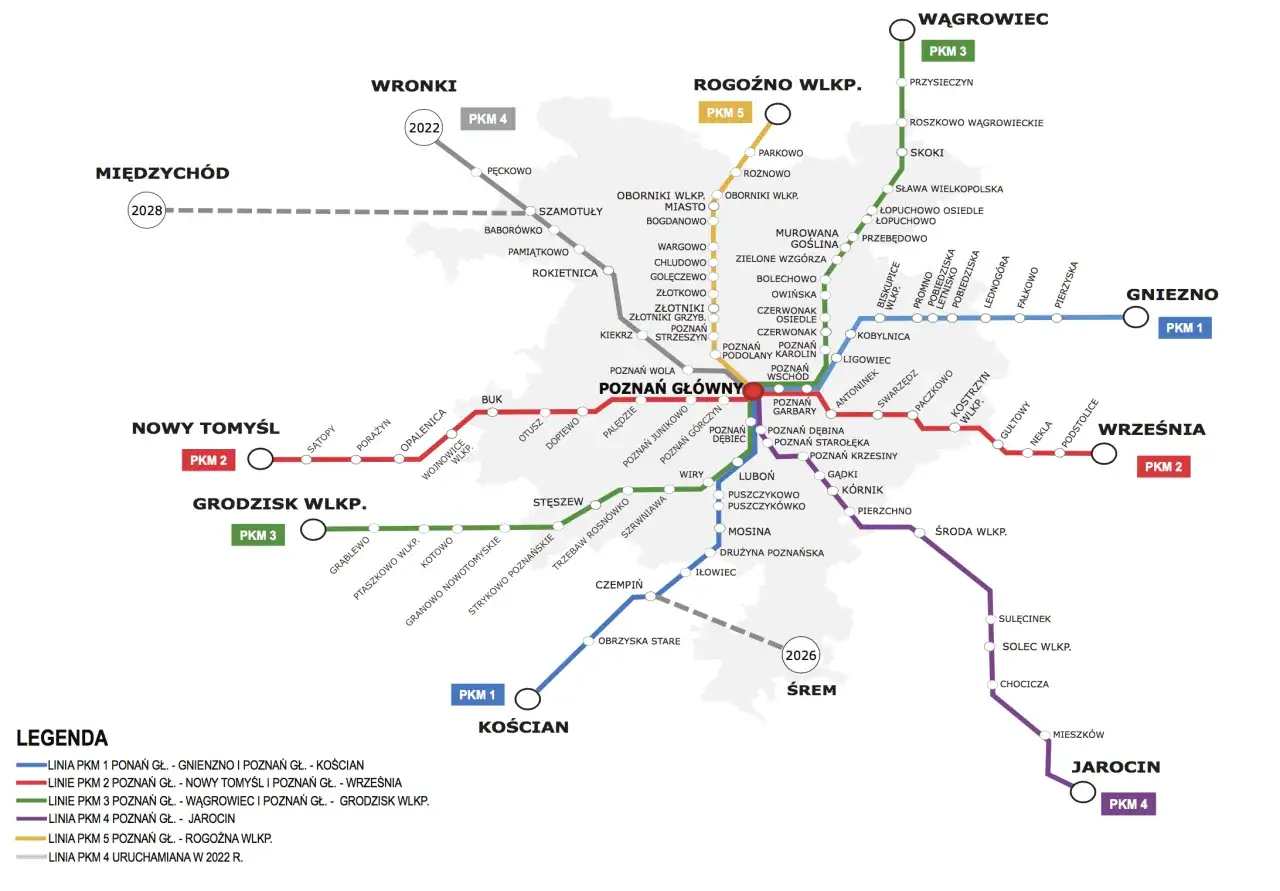 Mapa kolejowa Wielkopolski z zaznaczonymi liniami PKM. To pociąg do poznania, który zabierze Cię do Gniezna, Wągrowca, Jarocina i innych miast.