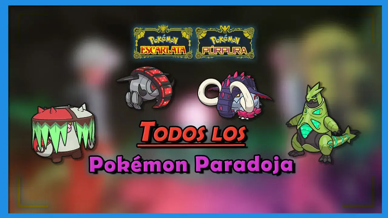 Cuatro Pokémon Paradoja, incluyendo los Pokémon exclusivos Escarlata, en una imagen promocional.
