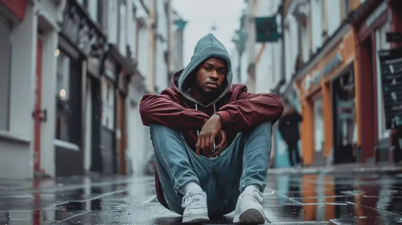 Ung man i hip hop-stil sitter p&aring; en regnv&aring;t gata i en stad.