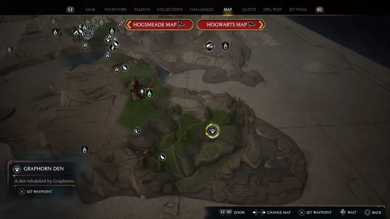 Mapa w grze Hogwarts Legacy. Zaznaczony Graphorn Den, jaskinia zamieszkana przez Graphorny.