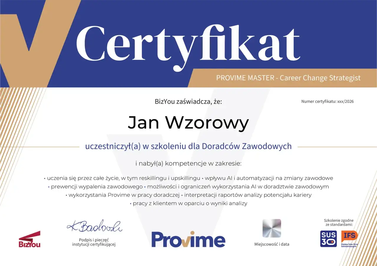 Certyfikat dla Jana Wzorowego, potwierdzający udział w szkoleniu dla Doradc&oacute;w Zawodowych i zdobycie kompetencji w zakresie zmian zawodowych. To ważne certyfikaty zawodowe.