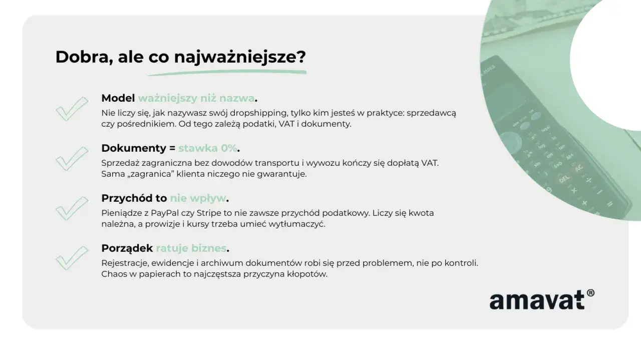 Kluczowe aspekty dropshippingu: model biznesowy, dokumenty (stawka 0%), przychód a wpływ, oraz porządek w księgowości.
