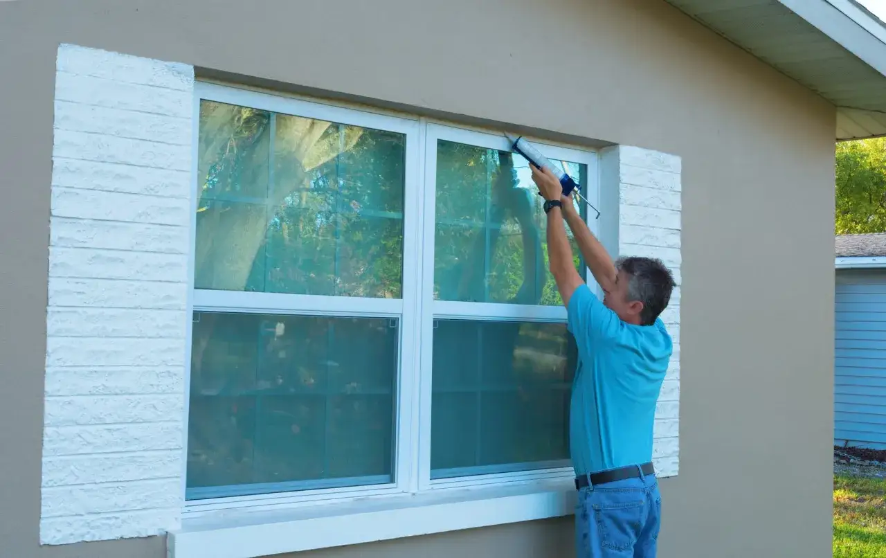 Un homme applique du mastic pour **isoler fenetre froid**. Il am&eacute;liore l'&eacute;tanch&eacute;it&eacute; de la maison.