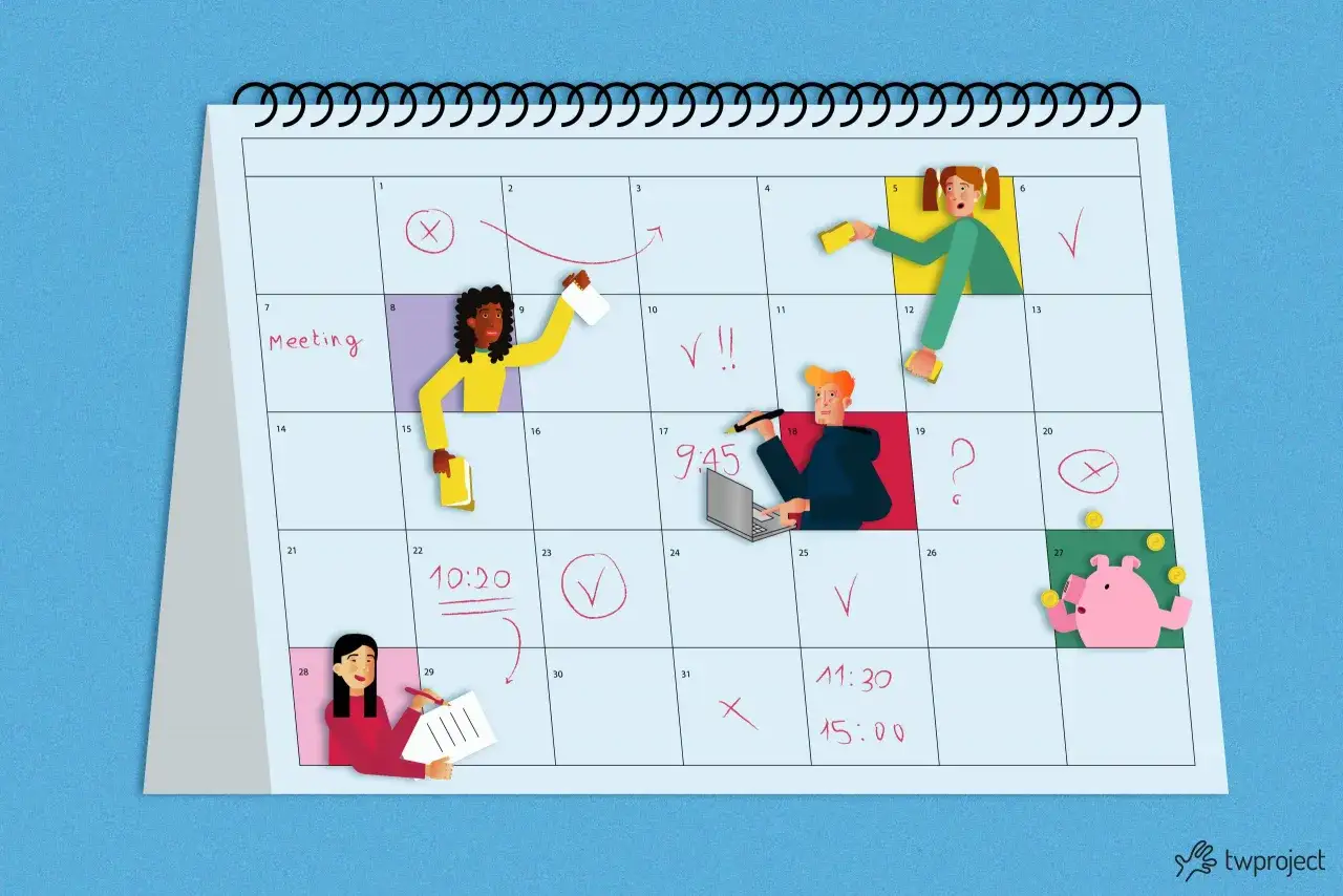 Illustrazione di un calendario con appuntamenti, scadenze e icone che rappresentano la gestione del tempo lavoro.