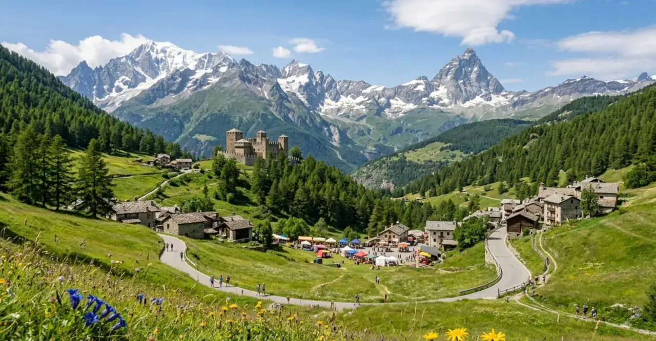 Un borgo alpino con un castello domina la valle. Un evento animato si svolge in un prato fiorito, parte del cammino balteo.