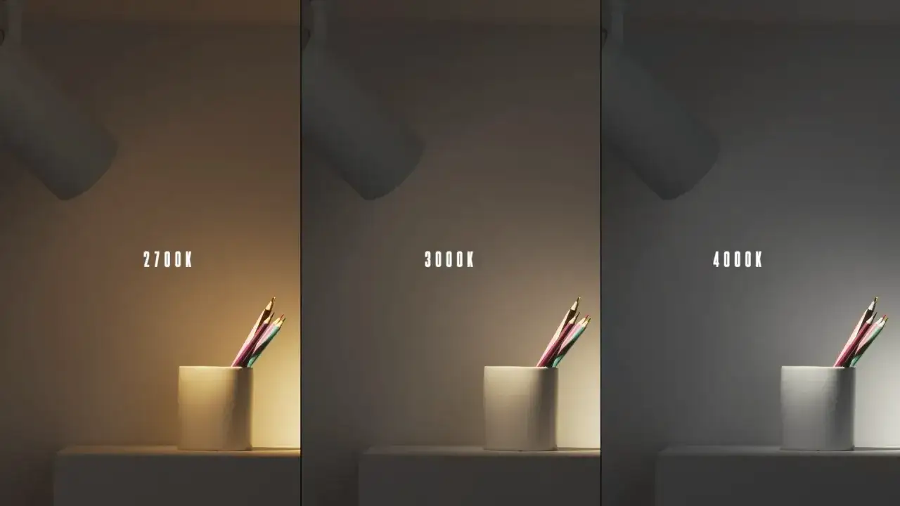 Comparativa de luz: ¿que luz es mejor para estudiar blanca o amarilla? Muestra lápices bajo luces de 2700K, 3000K y 4000K.