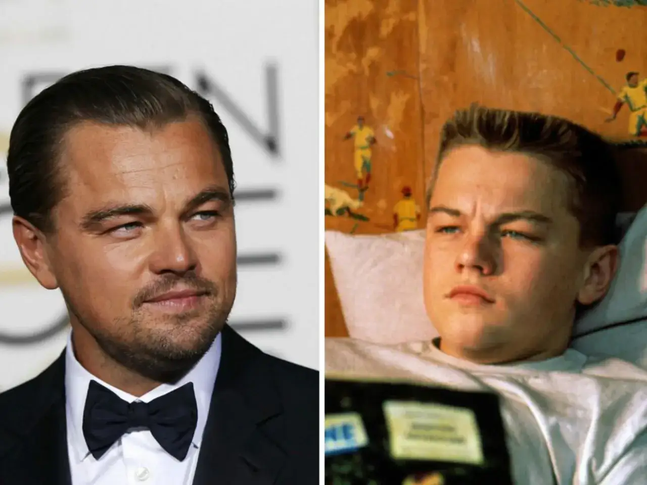 Leonardo DiCaprio wiek: porównanie aktora w garniturze i jako młody chłopak w łóżku.