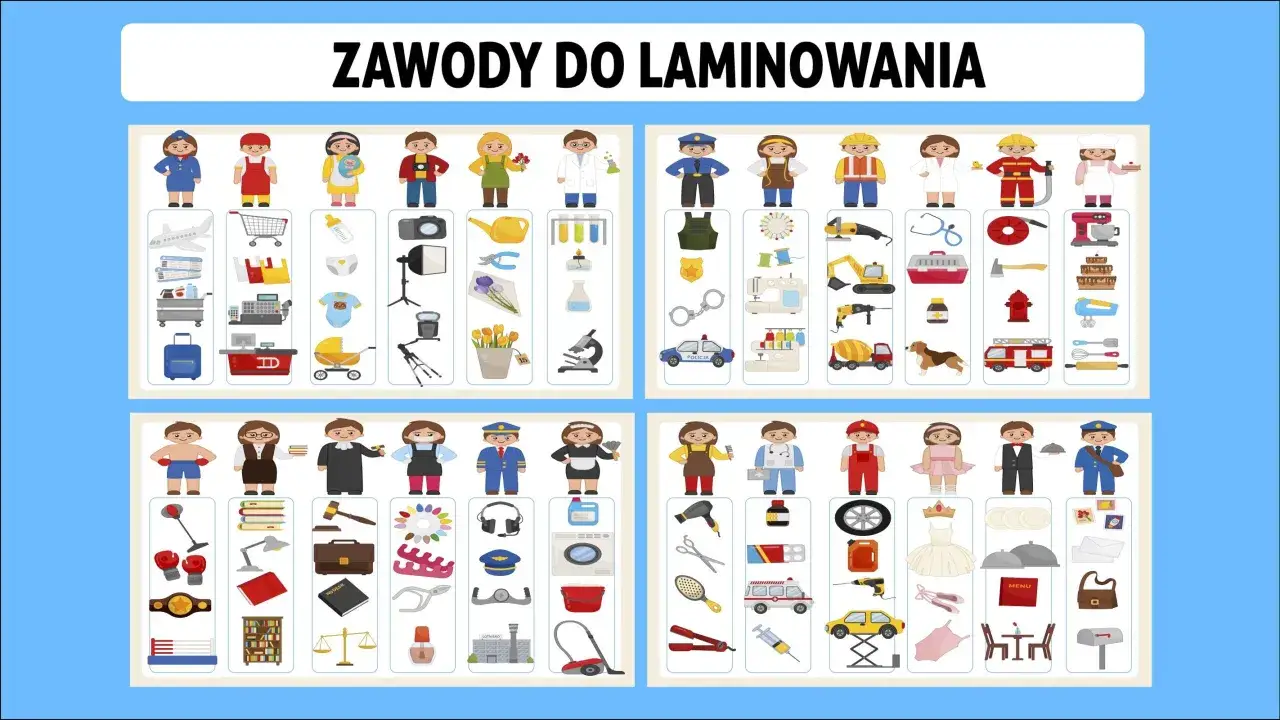 Ilustracje przedstawiają różne zawody do laminowania: pilota, kucharza, pielęgniarkę, fotografa, kwiaciarza, naukowca, policjanta, krawcową, budowlańca, weterynarza, boksera, nauczycielkę, sędziego, stylistkę, pilota, pokojówkę, fryzjerkę, lekarza, mec...