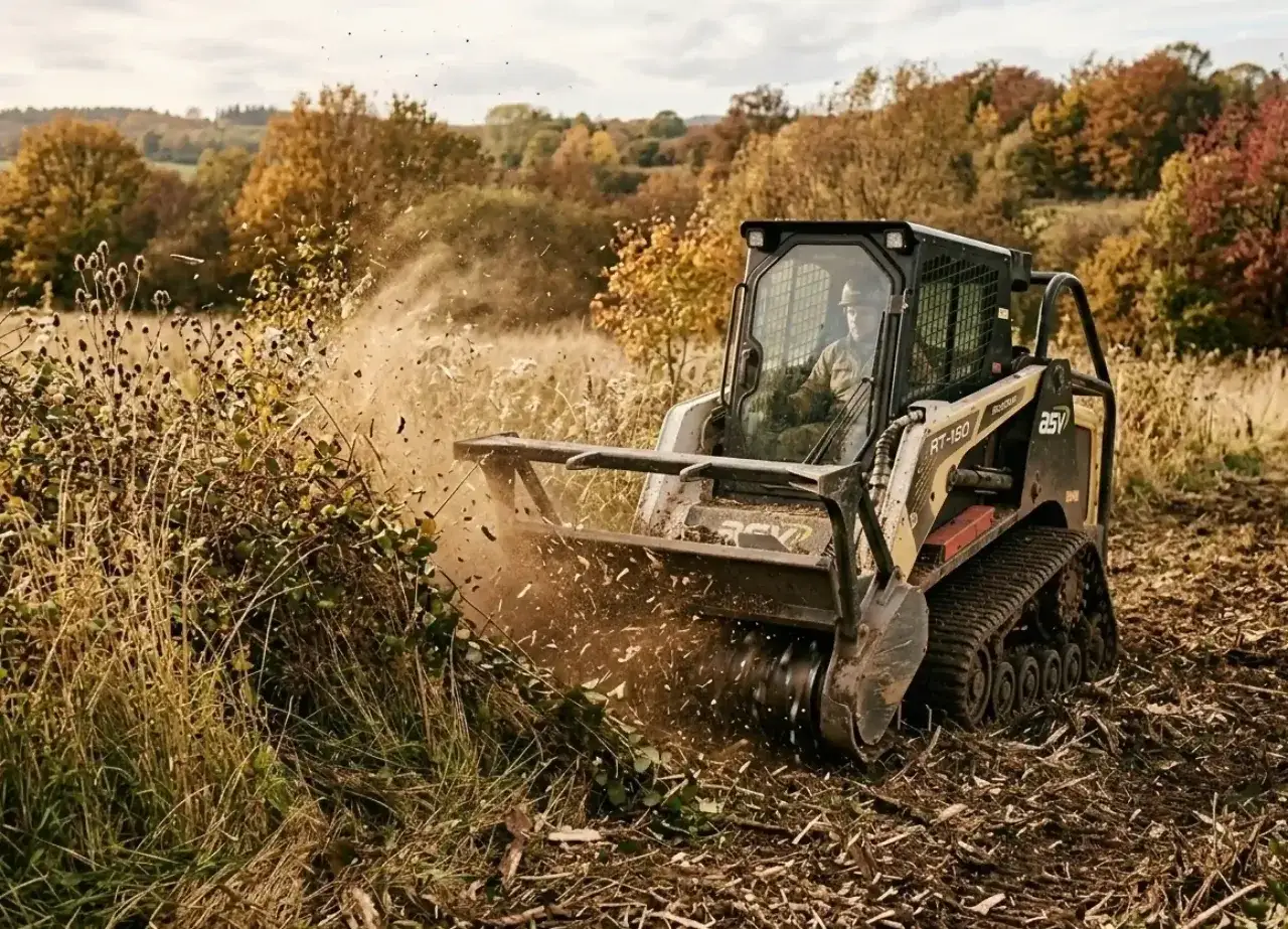 Gąsienicowy miniładowarka rozdrabnia zarośla, tworząc pył i szczątki. To pierwsze koszenie trawy z koszem czy bez, w zależności od potrzeb.