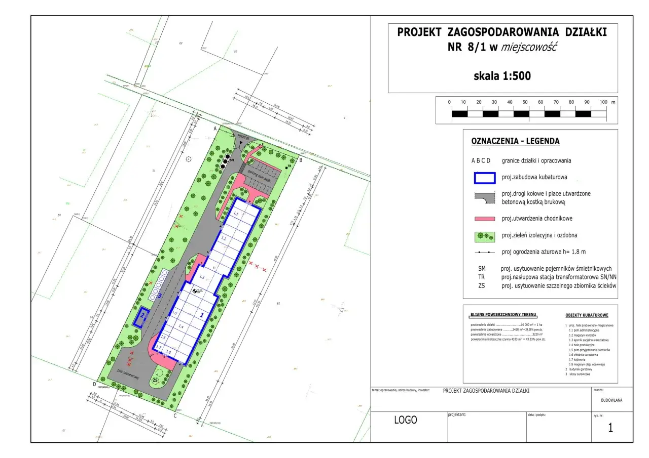 Projekt zagospodarowania działki z zaznaczoną powierzchnią zabudowy, parkingiem, drogami i zielenią.