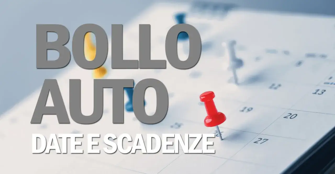 Il bollo auto si paga annualmente. La grafica mostra un calendario con puntine, evidenziando le date e le scadenze per il pagamento.