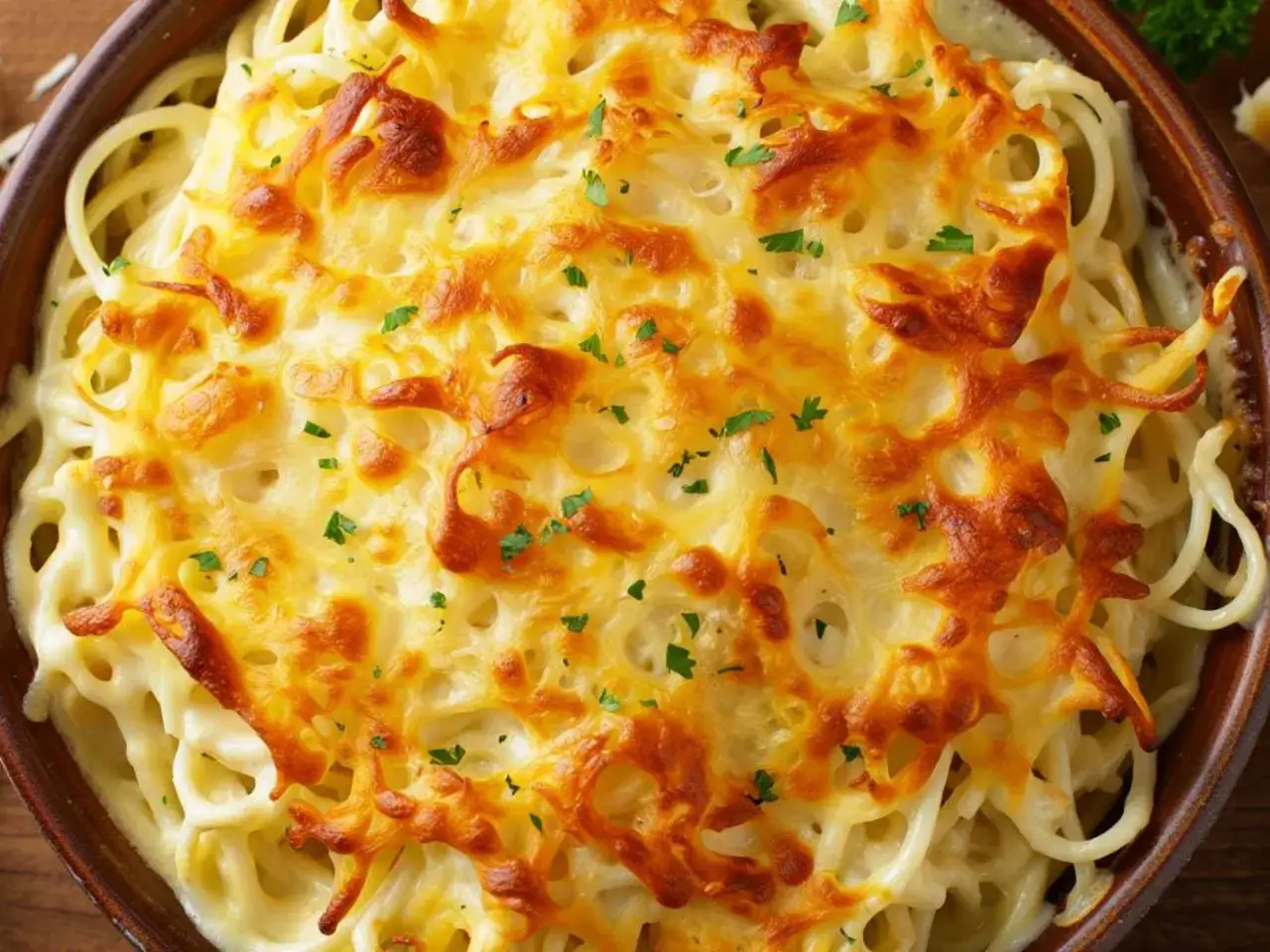 &Uuml;berbackene Spaghetti mit Butter und Parmesan, goldbraun und knusprig, garniert mit Petersilie. Ein k&ouml;stliches Gericht, das zum Genie&szlig;en einl&auml;dt.