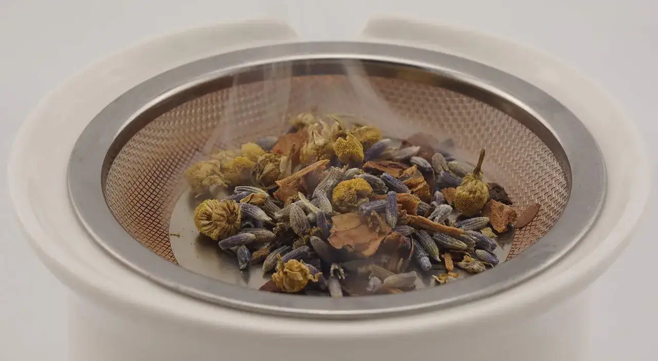 Trockene Kamillenblüten, Lavendel und Zimtstücke in einem Sieb – perfekt, um einen eigenen Adventstee selber zu machen.