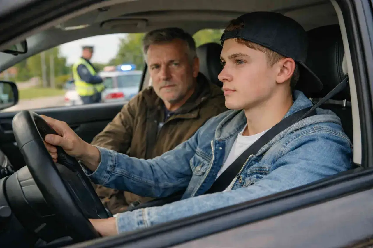 Młody kierowca za kierownicą, obok siedzi instruktor. W tle policja. Czy to koniec okresu próbnego prawa jazdy?