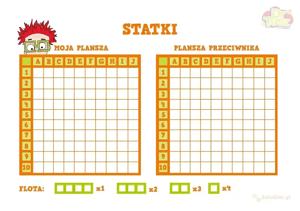 Plansza do gry w statki na kartce, z polami do zaznaczania własnych okrętów i trafień przeciwnika.