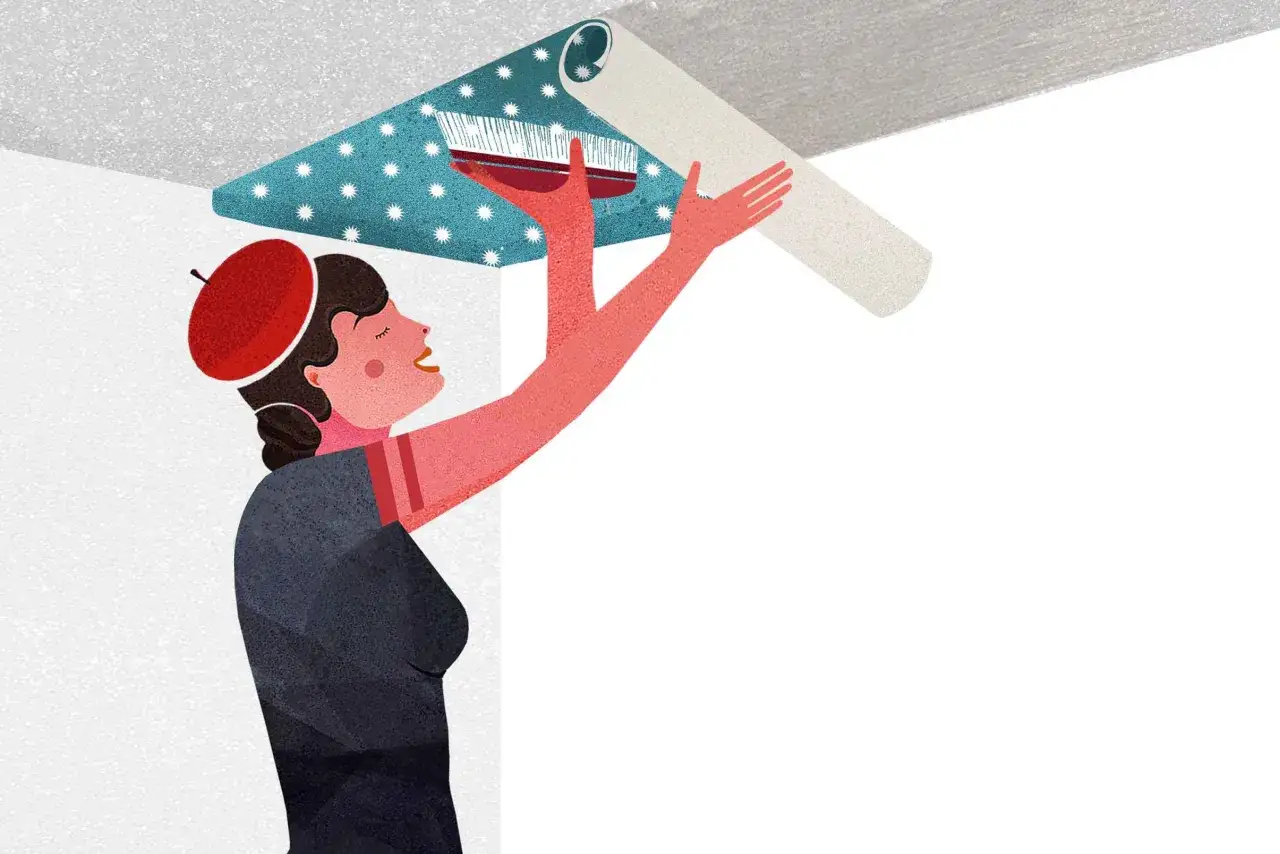 Mujer con boina roja aplicando papel pintado con estrellas en el techo. Ilustraci&oacute;n sobre como poner papel pintado.