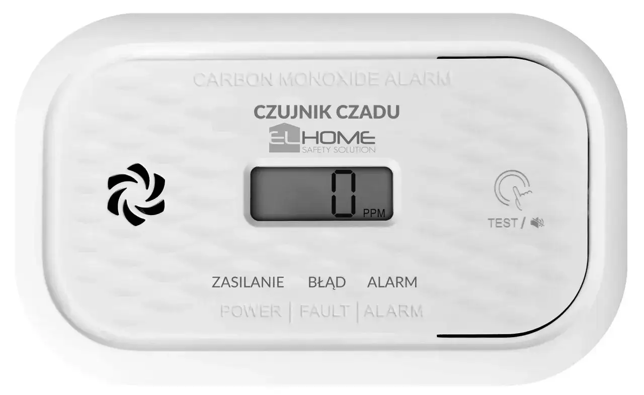 Biały czujnik czadu z wyświetlaczem pokazującym 0 PPM. Sprawdź, czy czujnik czadu wykrywa gaz.