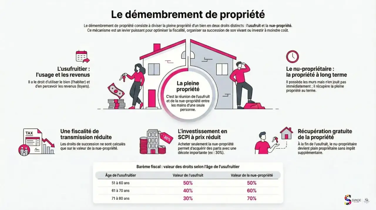 Illustration expliquant le d&eacute;membrement de propri&eacute;t&eacute;, un outil pour la sci familiale, optimisant fiscalit&eacute; et succession.