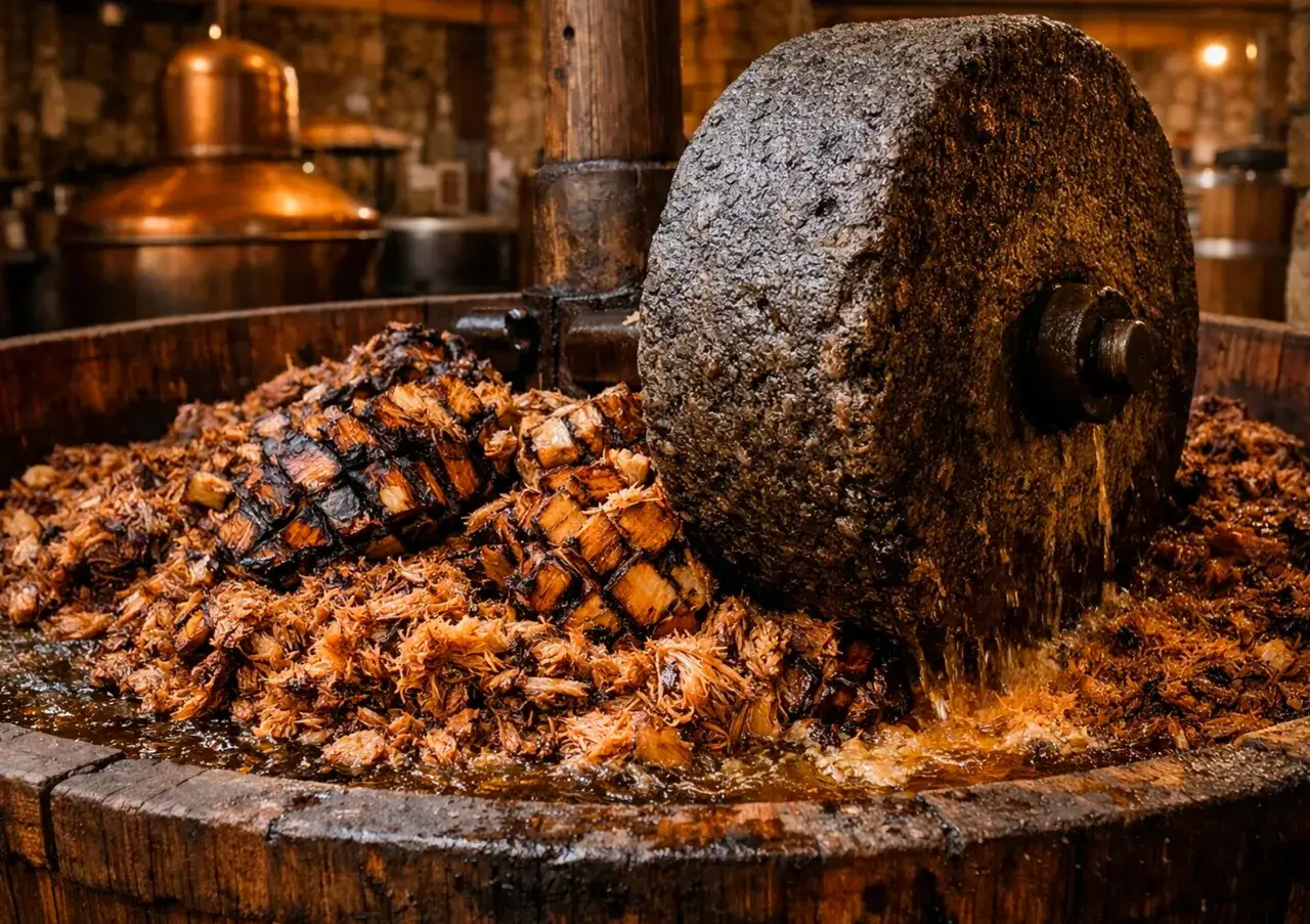 Ein gro&szlig;er Stein zermahlt Agavenfasern in einem Holzfass. So wird aus Agaven Tequila gemacht.