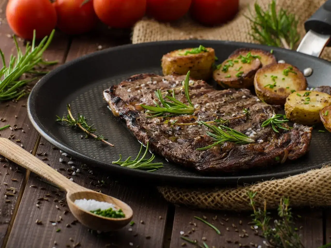 Filete de ternera jugoso a la parrilla con patatas asadas y romero fresco. Una delicia culinaria lista para disfrutar.