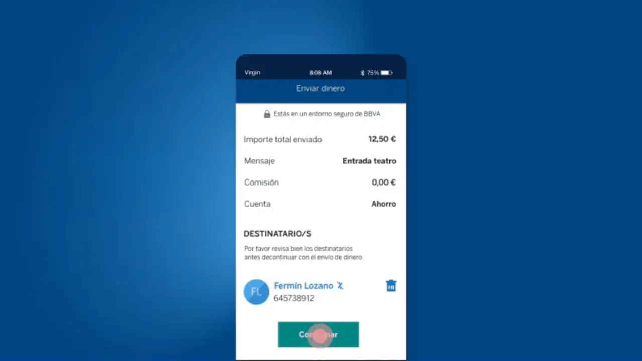 Envío de 12,50€ para entrada de teatro a Fermín Lozano desde la app BBVA. La tarjeta monedero BBVA permite estas transacciones seguras.