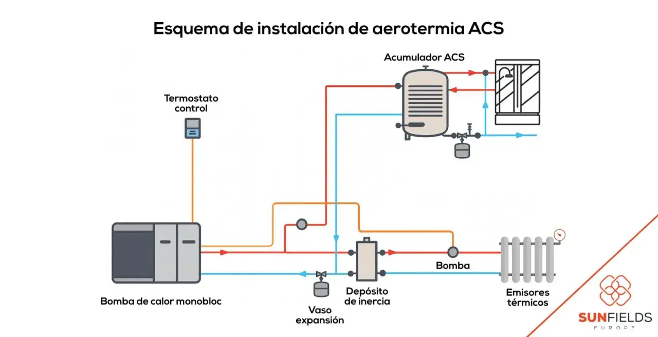 Diagrama de aerotermia: bomba de calor monobloc, dep&oacute;sito de inercia y acumulador ACS para subir la temperatura del agua.