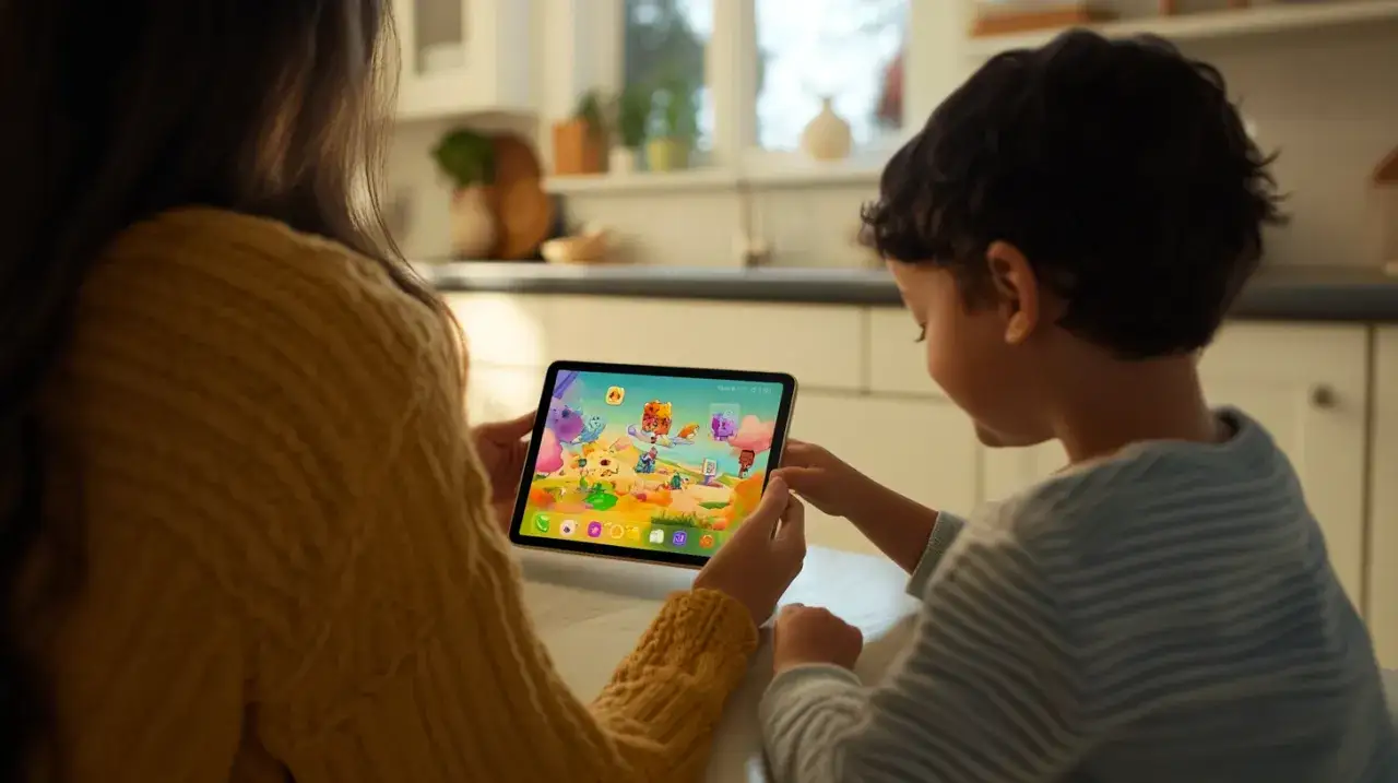 Mama i dziecko grają w kolorową gierkę dla dzieci na tablecie.