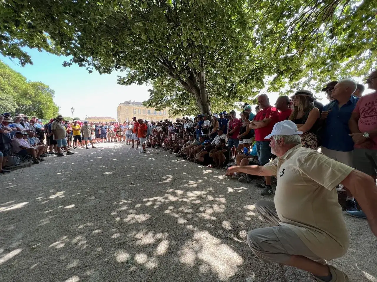 Un homme lance une boule de p&eacute;tanque, entour&eacute; d'une foule attentive. Le vocabulaire p&eacute;tanque est essentiel pour comprendre ce jeu convivial.