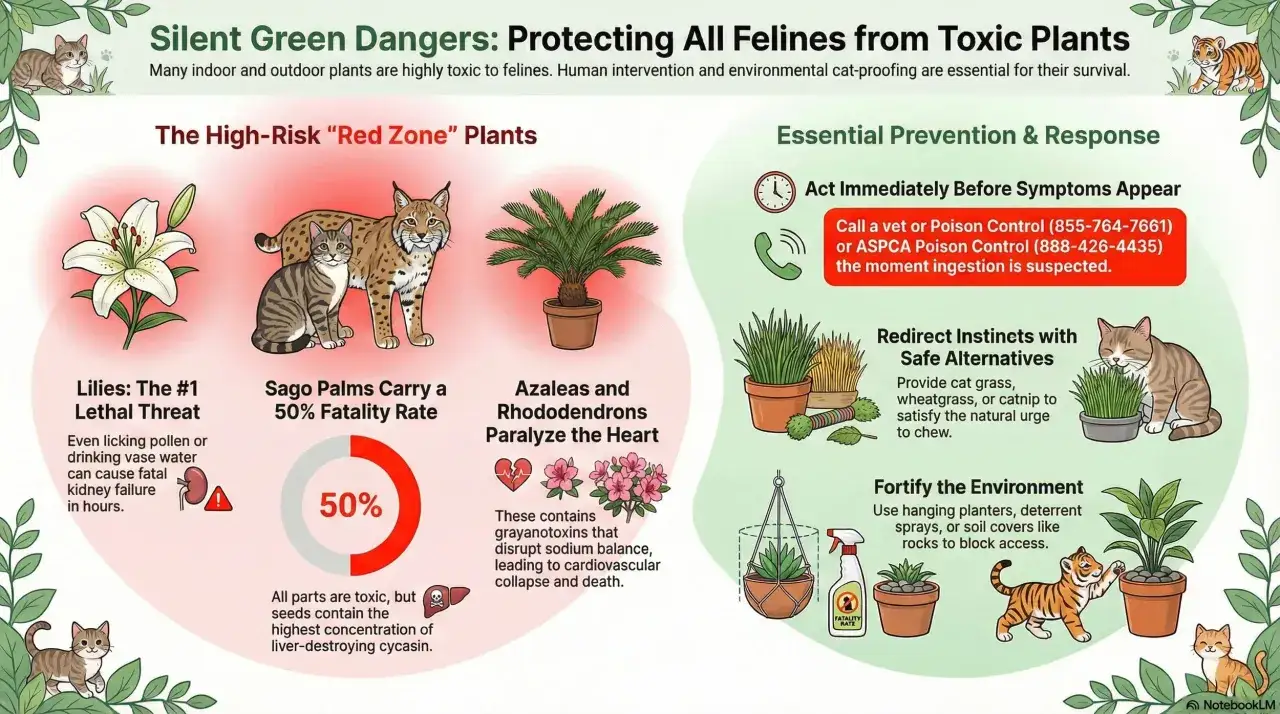Plantes toxiques pour les chats : lys, sagou, azalées. Protégez votre chat des dangers verts.