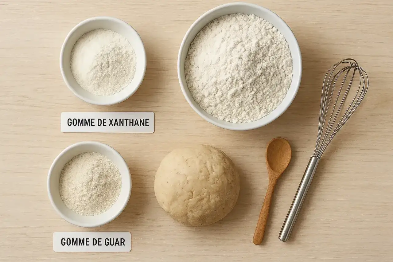 Ingr&eacute;dients pour p&acirc;tisserie : gomme de xanthane, farine, p&acirc;te, cuill&egrave;re en bois et fouet.