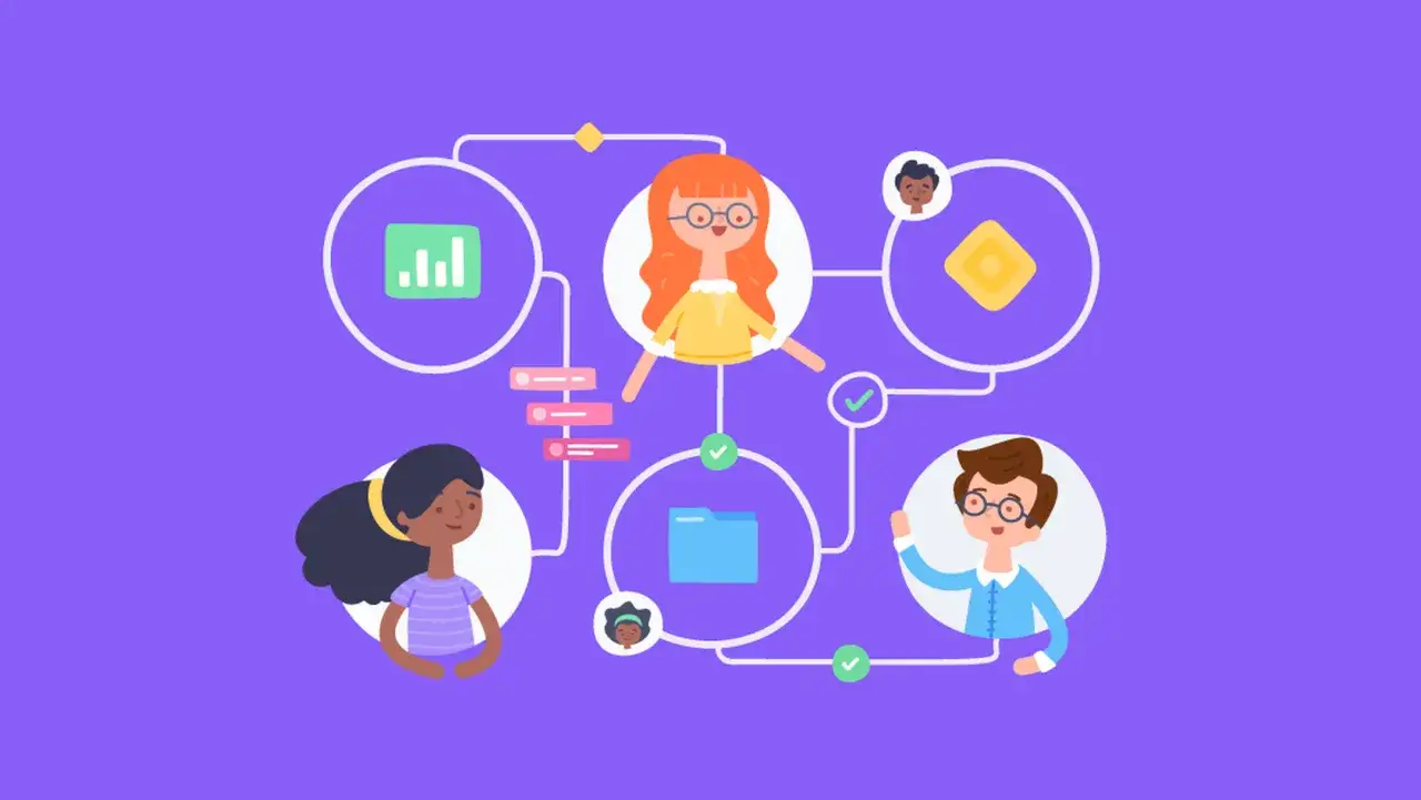 Une équipe collaborative, dirigée par un chef de projet, travaille sur un projet avec des icônes de graphiques, de dossiers et de tâches.