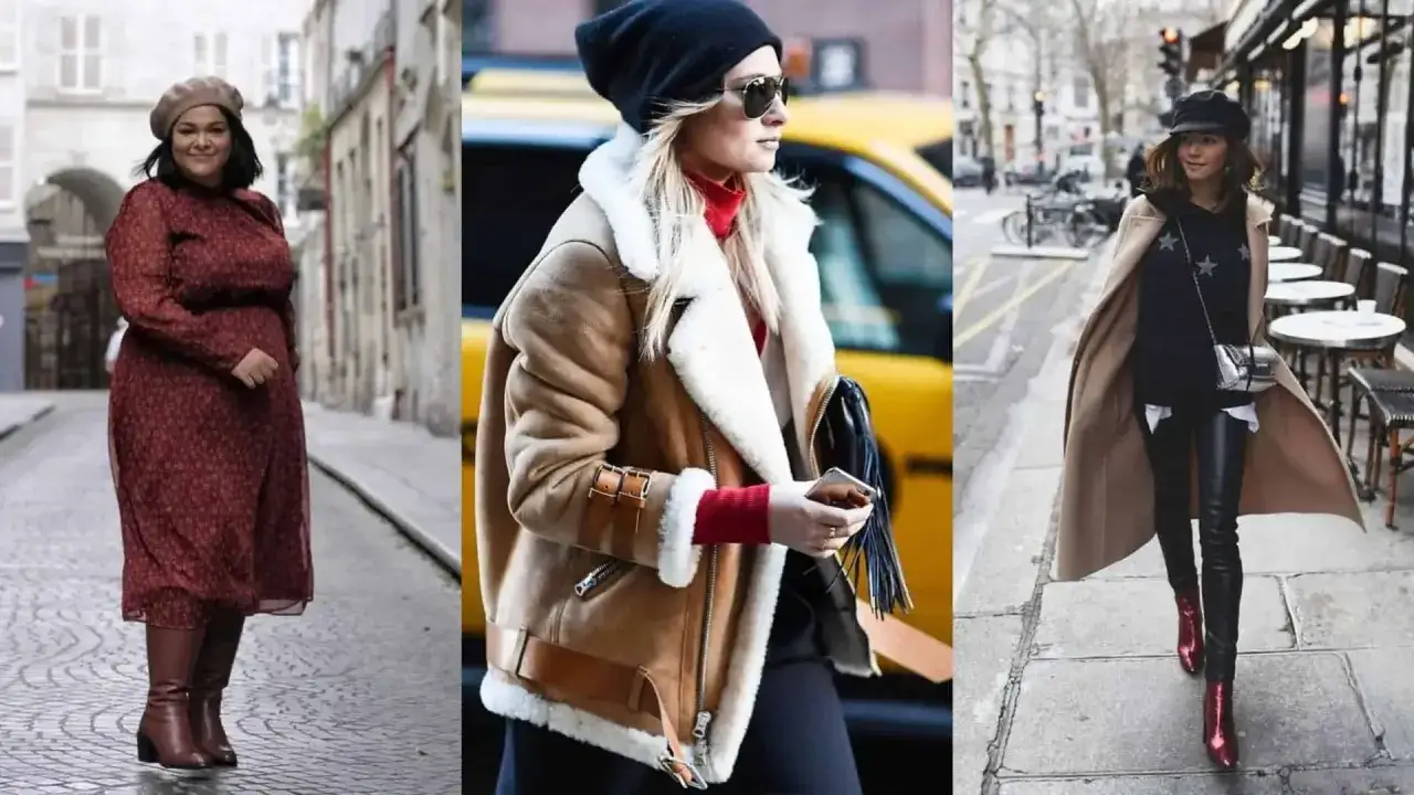 Trois femmes présentent des idées d'outfits hiver : robe bordeaux et bottes, veste aviateur et bonnet, manteau long et pantalon cuir.
