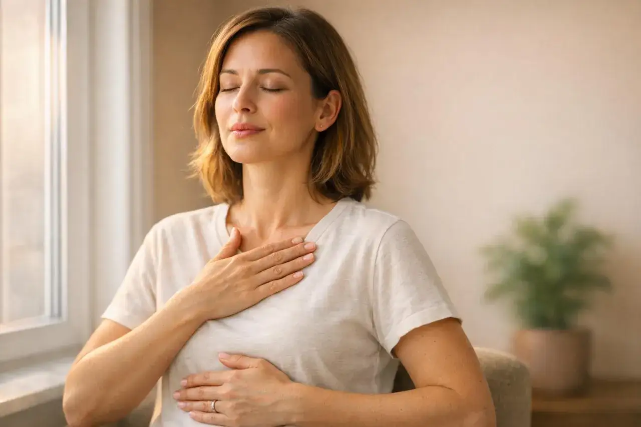 Donna con gli occhi chiusi e le mani sul petto, respira profondamente, trovando la sua stabilit&agrave; emotiva.