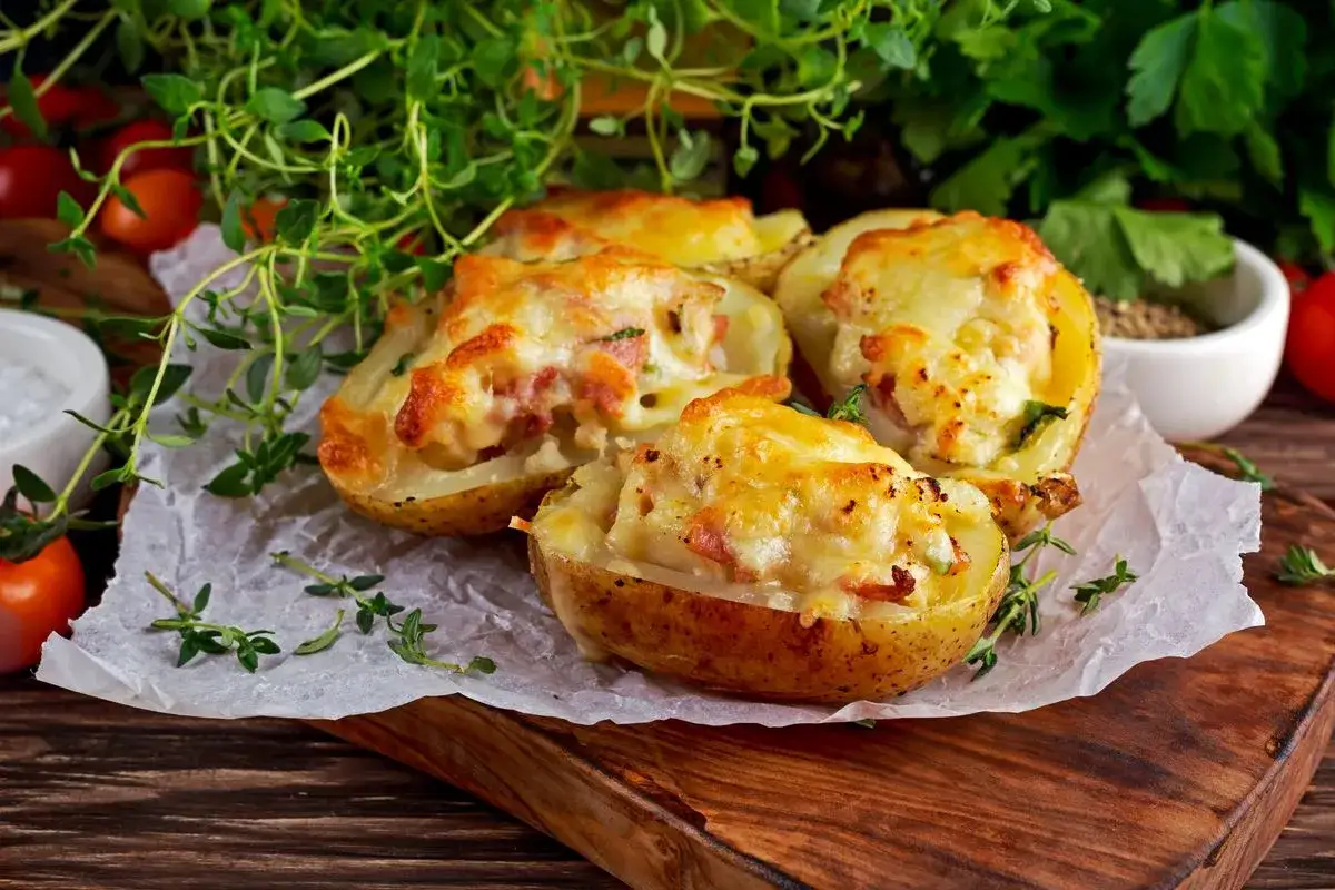 Patate ripiene al forno, dorate e filanti, servite su carta forno con erbe aromatiche e pomodorini.