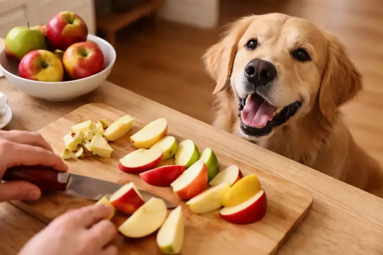 Golden retriever esperando ansioso su manzana para perros, mientras cortan trozos de manzana en una tabla de cocina.