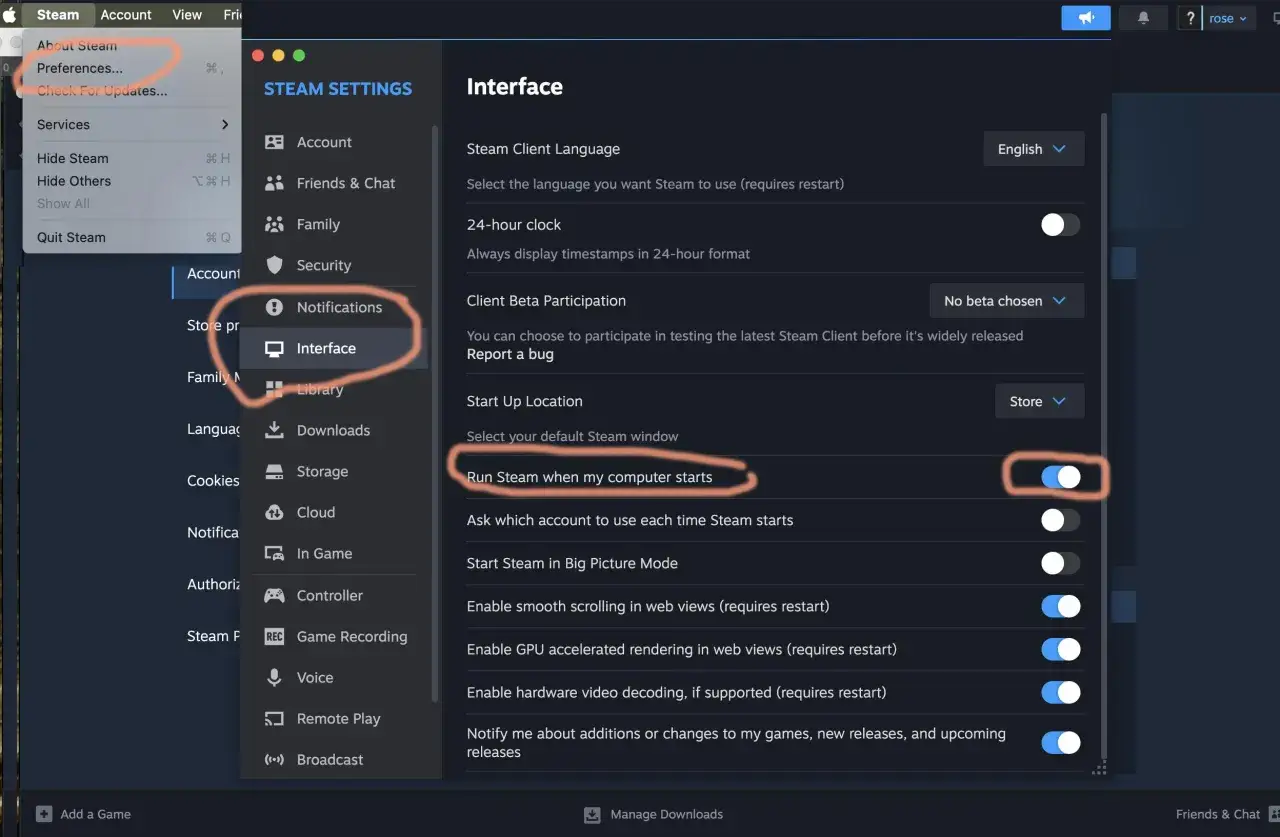 Ustawienia systemowe macOS autostart Steam